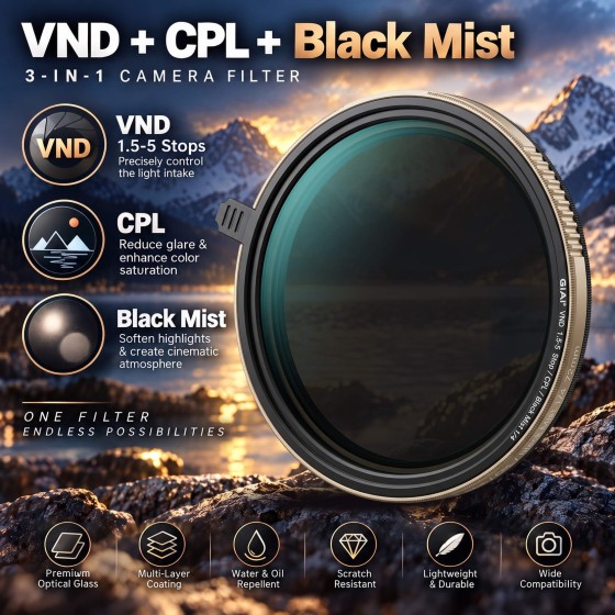 HD Variable ND 1.5-5 stop + CPL + Black mist filter 3-in-1 HD Variable ND 1.5-5 stop + CPL + Black mist filter 3-in-1