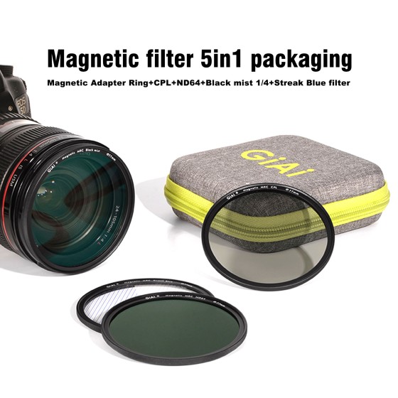 GiAi Magnetic Lens Filter Kit A Includes Magnetic Adapter Ring+CPL+ND64+Black mist 1/4+Streak Blue filter Nano Coating Waterproof Scratch Resistant 